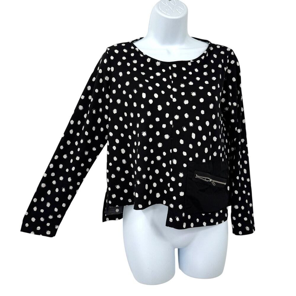 Comfy USA Crop Top XS Slinky knit Black Polka Dot Artsy Zip Pocket Lagenlook